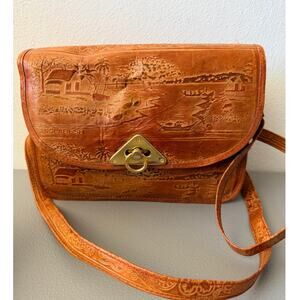 Vintage Embossed Leather Village Scene Crossbody Boho Bag Bangladesh